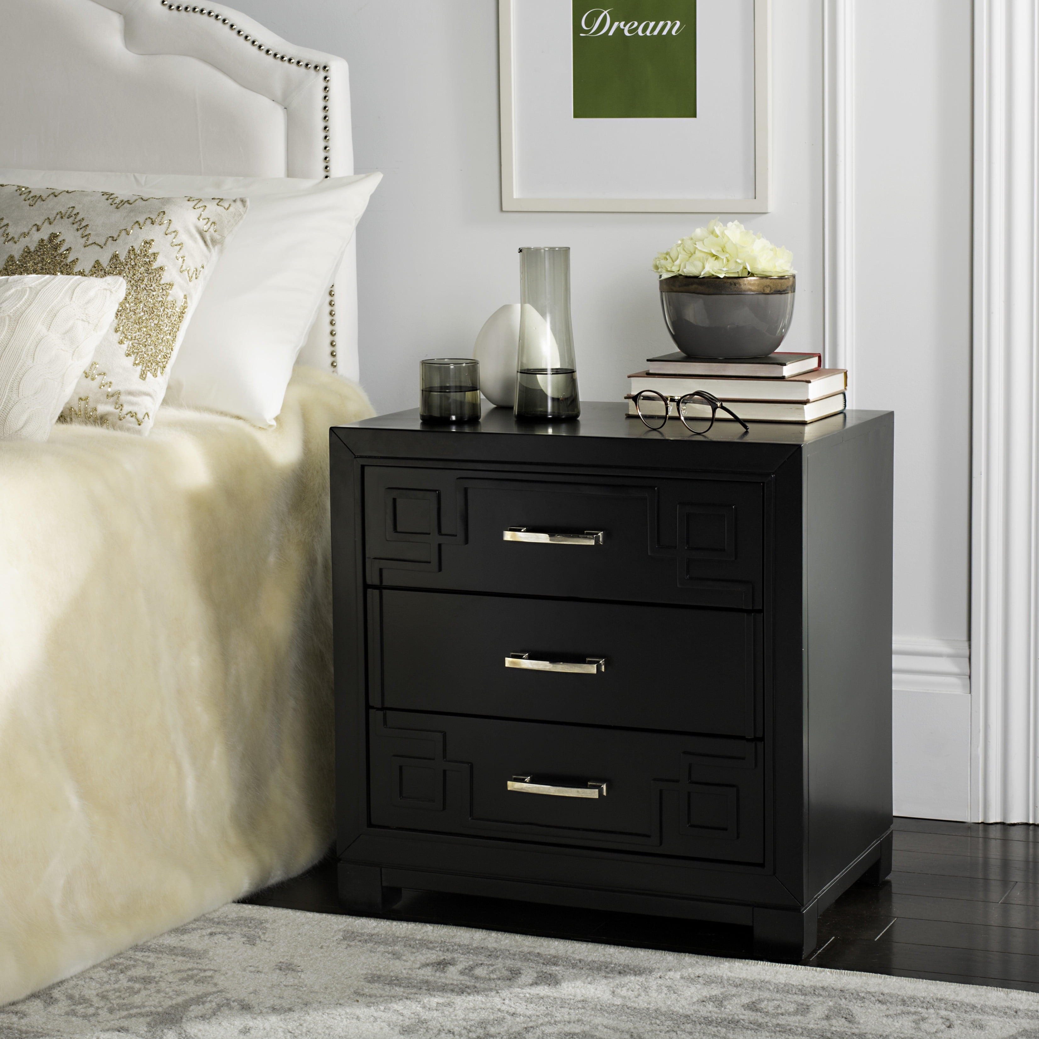 SAFAVIEH Raina Three Drawer Greek Key Night Stand Black